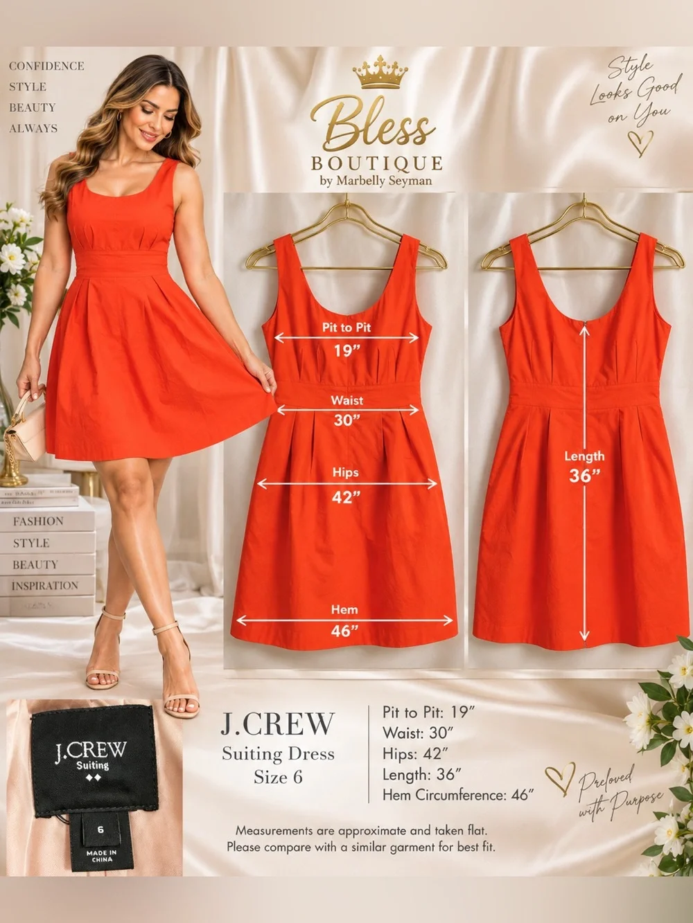 Crew Suiting Pleated Dress Orange Cotton Stretch Scoop Neck Size 6
